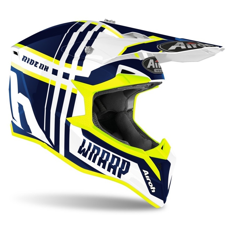 Motocross Helm Airoh Wraap Broken blau-weiß-fluo gelb