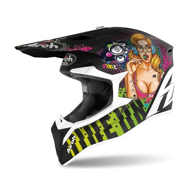 Motocross Helm Airoh Wraap Pin Up schwarz-grün-rosa