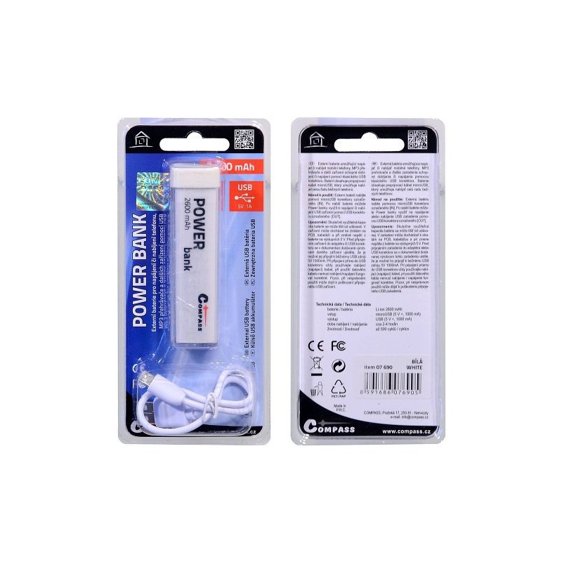 POWER BANK 2600mA weiß + 30cm Kabel