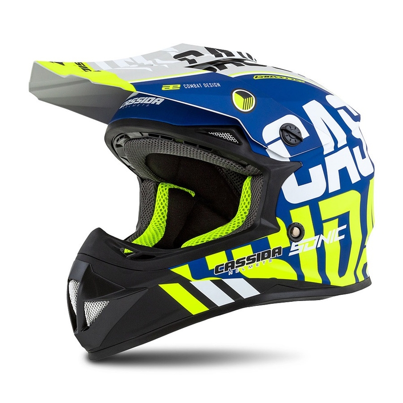 Kinder Motocross Helm Cassida Cross Cup Sonic Junior fluo gelb-blau matt Ausverkauf