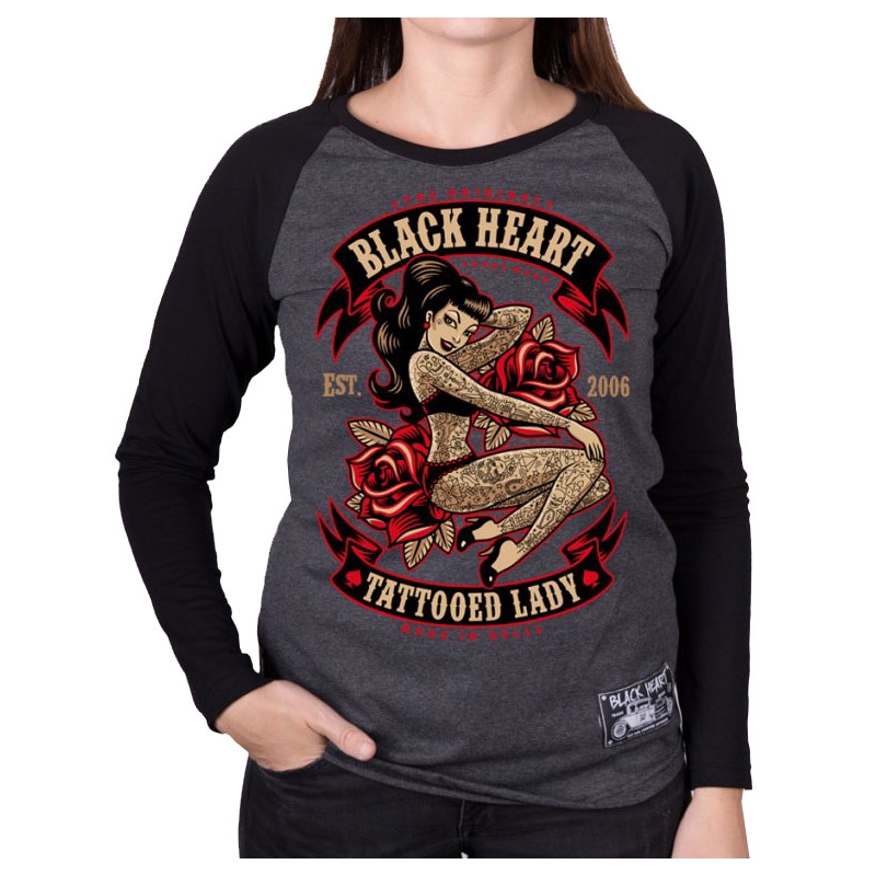 Women's Black Heart Tattooed Lady T-Shirt Schwarz und grau