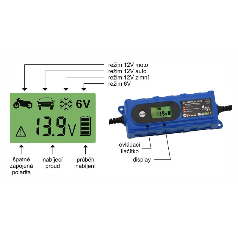 Batterieladegerät mit LCD-Anzeige 6/12V 3,8 Ampere