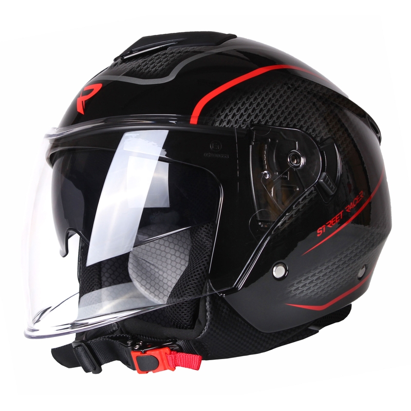 Offener Motorradhelm Street Racer Pilot Schwarz und Rot