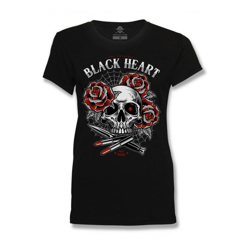 Women's Black Heart Lipstick Skull T-shirt schwarz