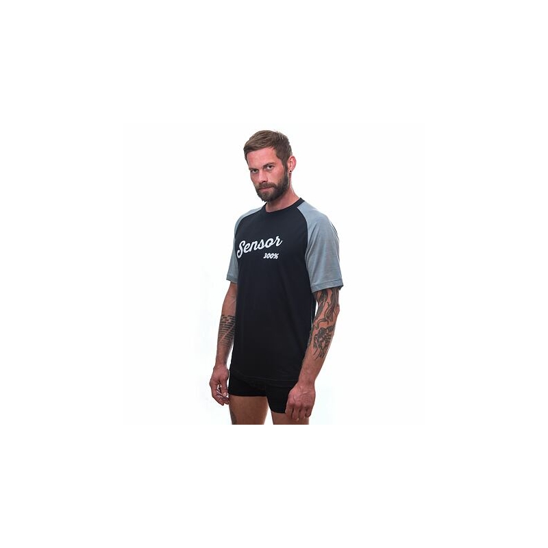 Herrenhemd Sensor Merino Active PT Logo schwarz-grau Ausverkauf
