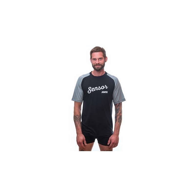 Herrenhemd Sensor Merino Active PT Logo schwarz-grau Ausverkauf