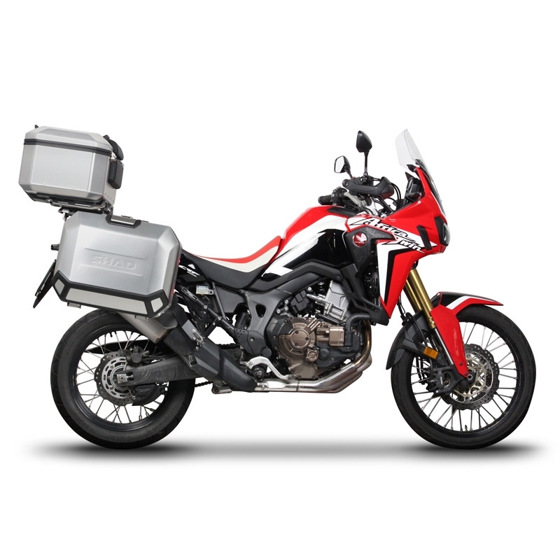 Complete set of aluminum cases SHAD TERRA, 48L topcase + 36L / 47L side cases, including mounting kit and plate SHAD HONDA CRF 1000  Africa Twin
