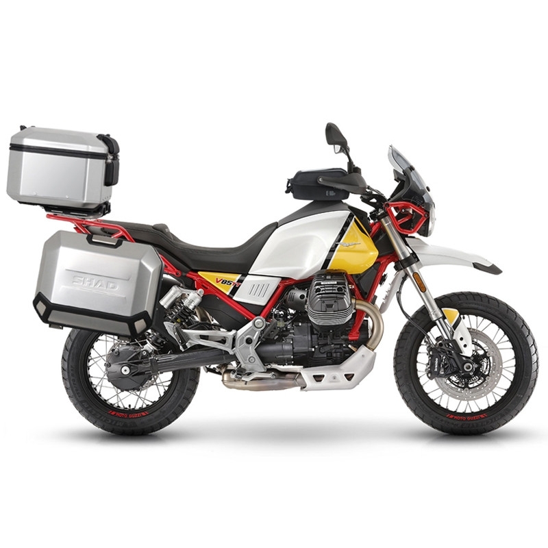 Complete set of aluminum cases SHAD TERRA, 48L topcase + 36L / 47L side cases, including mounting kit and plate SHAD MOTO GUZZI V 85 TT