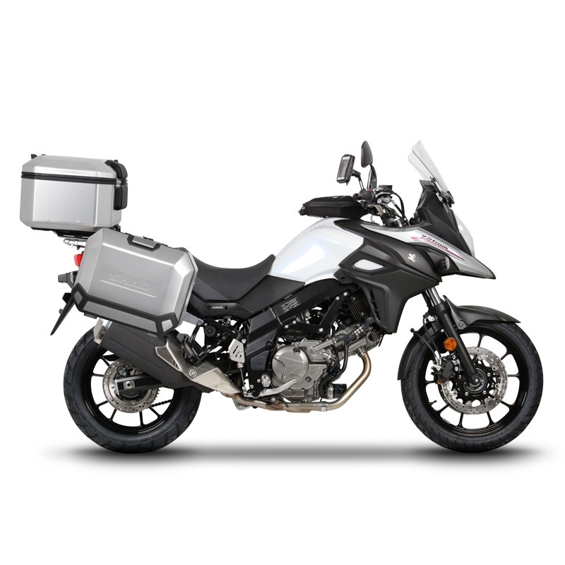 Complete set of aluminum cases SHAD TERRA, 37L topcase + 36L / 36L side cases, including mounting kit and plate SHAD SUZUKI DL 650 V-Strom
