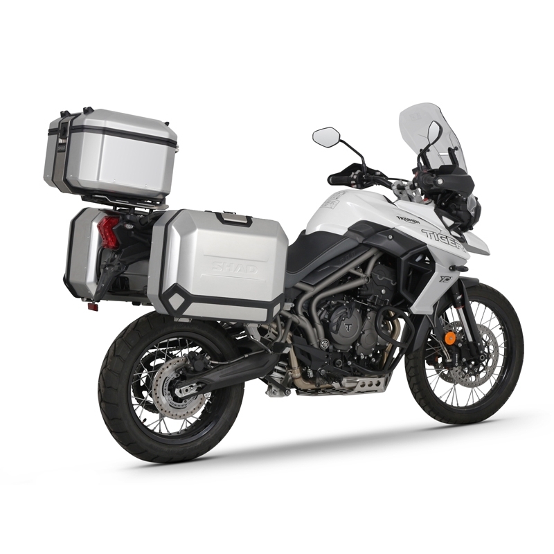 Complete set of black aluminum cases SHAD TERRA, 37L topcase + 36L / 47L side cases, including mounting kit and plate SHAD TRIUMPH Tiger 800