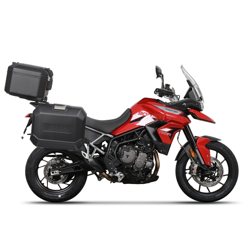 Complete set of black aluminum cases SHAD TERRA, 48L topcase + 36L / 47L side cases, including mounting kit and plate SHAD TRIUMPH Tiger 900