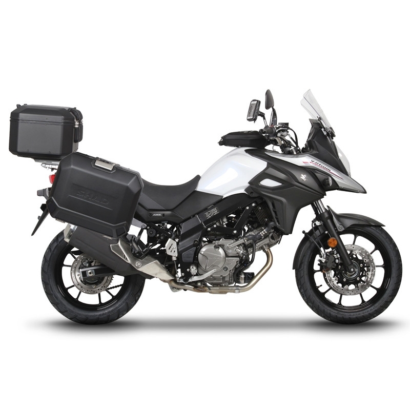 Complete set of aluminum cases SHAD TERRA BLACK, 37L topcase + 36L / 36L side cases, including mounting kit and plate SHAD SUZUKI DL 650 V-Strom