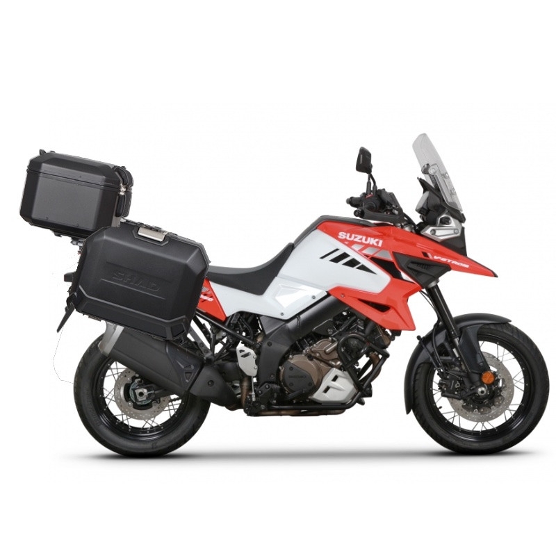Complete set of aluminum cases SHAD TERRA BLACK, 37L topcase + 36L / 36L side cases, including mounting kit and plate SHAD SUZUKI DL 1000 V-Strom/ DL 1050 V-Strom
