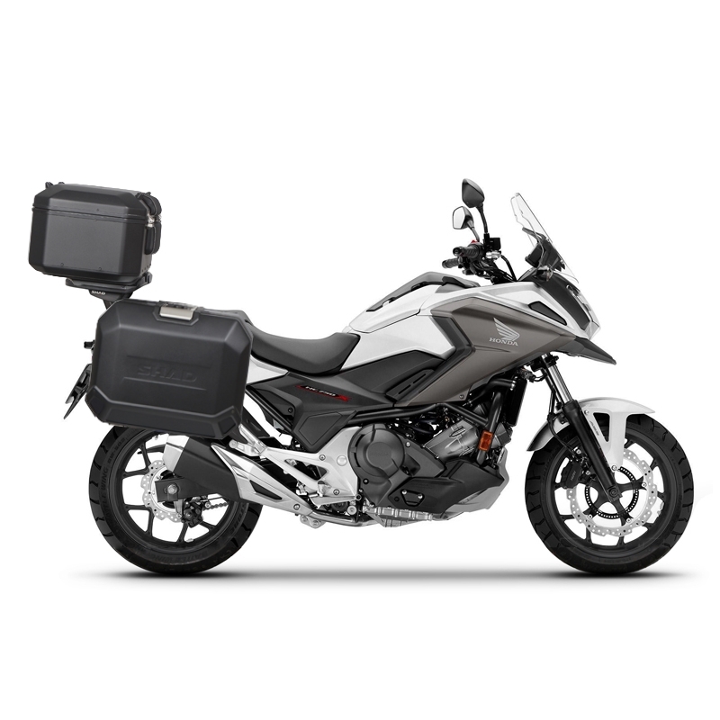 Complete set of aluminum cases SHAD TERRA BLACK, 48L topcase + 36L / 36L side cases, including mounting kit and plate SHAD HONDA NC 750 X