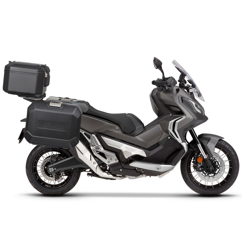 Complete set of aluminum cases SHAD TERRA BLACK, 48L topcase + 36L / 36L side cases, including mounting kit and plate SHAD HONDA X-ADV 750