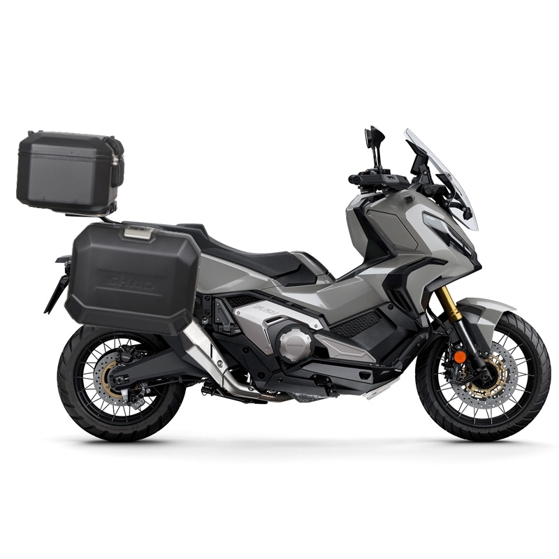 Complete set of aluminum cases SHAD TERRA BLACK, 48L topcase + 47L / 47L side cases, including mounting kit and plate SHAD HONDA X-ADV 750