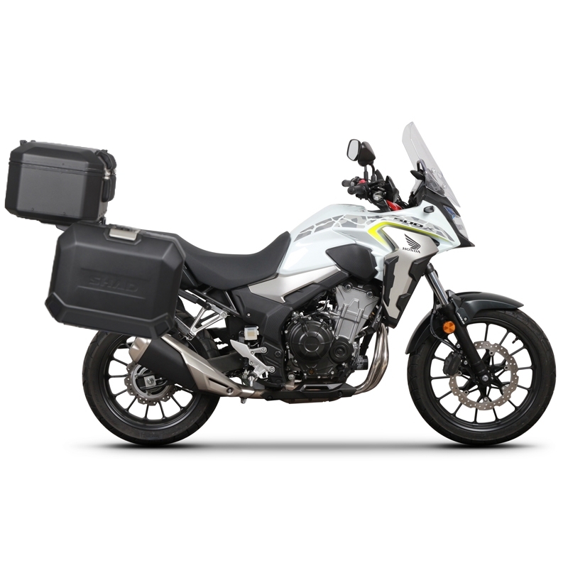 Complete set of aluminum cases SHAD TERRA BLACK, 48L topcase + 47L / 47L side cases, including mounting kit and plate SHAD HONDA CB 500 X