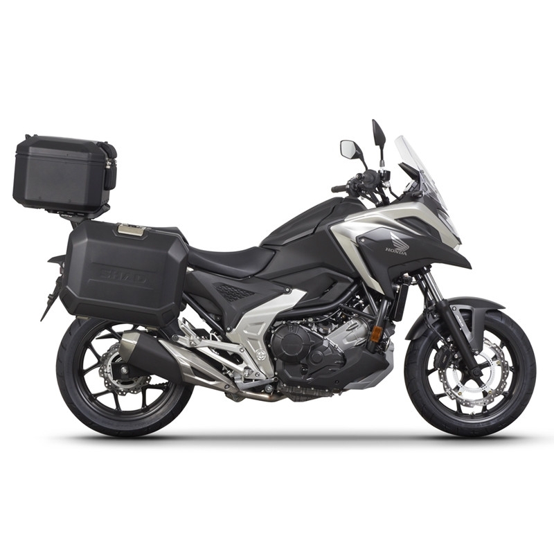 Complete set of aluminum cases SHAD TERRA BLACK, 48L topcase + 36L / 36L side cases, including mounting kit and plate SHAD HONDA NC 750 X 2021-