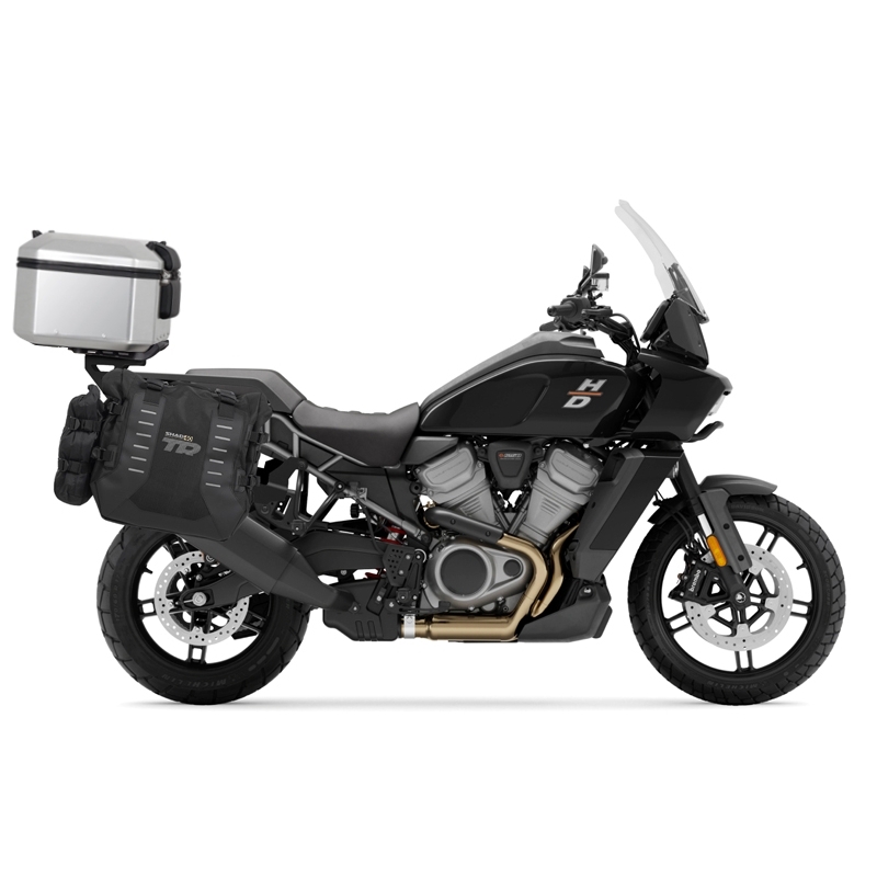Complete set of SHAD TERRA TR40 adventure saddlebags and SHAD TERRA aluminium 55L topcase, including mounting kit SHAD Harley Davidson Pan America 1250