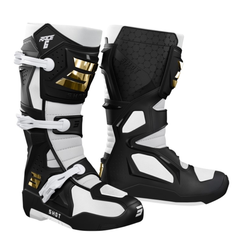 Shot Race 6 schwarz-weiß-goldene Motorradstiefel Ausverkauf