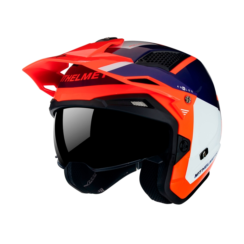 MT District SV Analog D5 blau-weiß-fluo orange offener Trial Motorradhelm