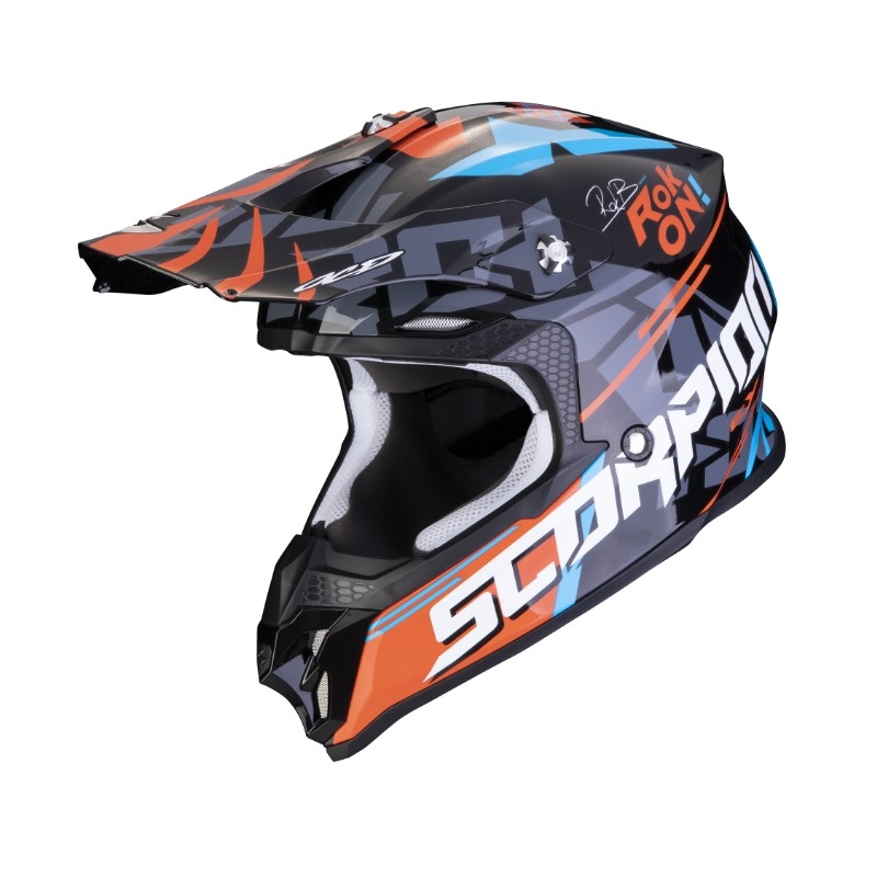 Motocross Helm Scorpion VX-16 EVO AIR ROK BAGOROS schwarz-weiß-blau-orange