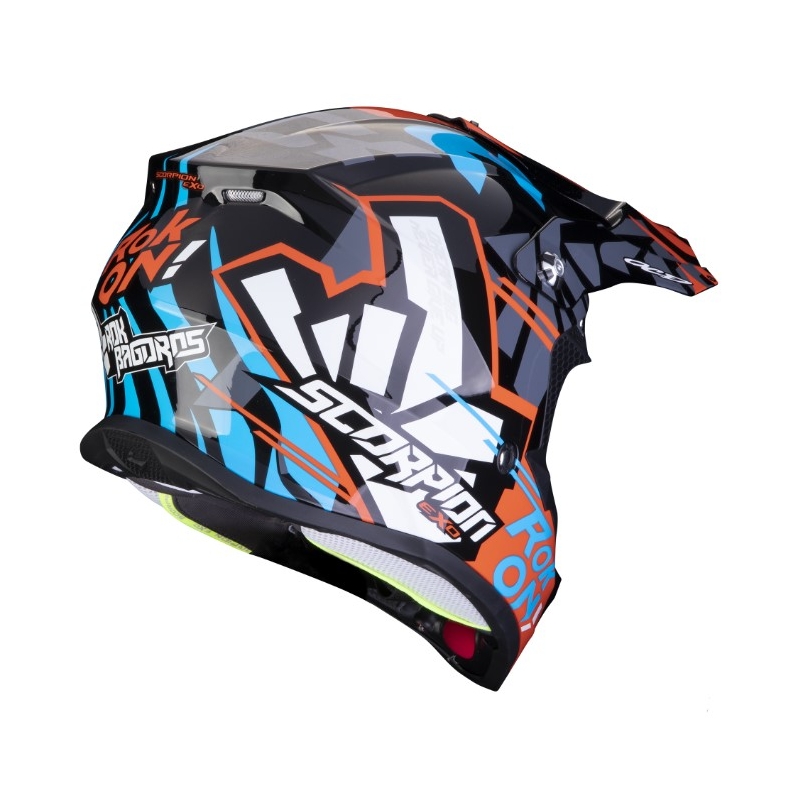 Motocross Helm Scorpion VX-16 EVO AIR ROK BAGOROS schwarz-weiß-blau-orange