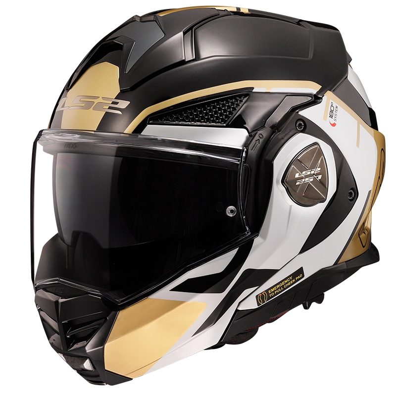 LS2 FF901 Valiant X Metryk schwarz-weiß-goldener Motorrad-Klapphelm