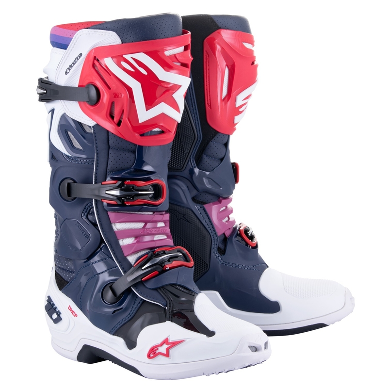 Alpinestars Tech 10 Supervented perforierte Motorradstiefel dunkelblau-weiß-rot-lila