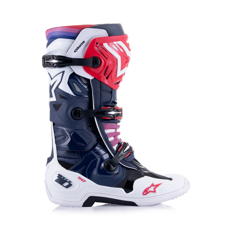 Alpinestars Tech 10 Supervented perforierte Motorradstiefel dunkelblau-weiß-rot-lila