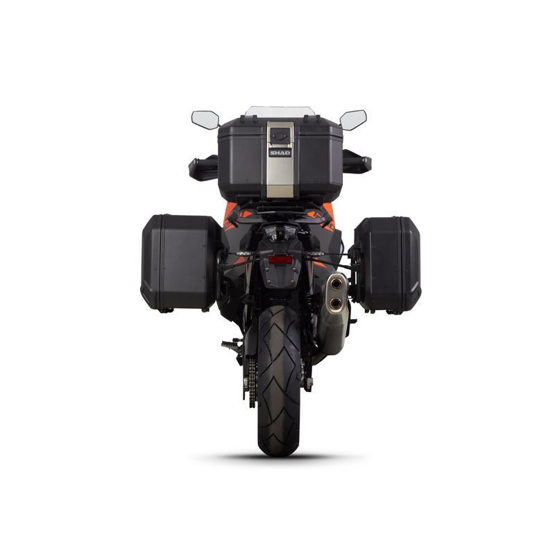 Complete set of black aluminum cases SHAD TERRA, 37L topcase + 36L / 47L side cases, including mounting kit and plate SHAD KTM Super Adventure 1290 (R, S)