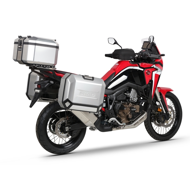 Complete set of black aluminum cases SHAD TERRA, 48L topcase + 36L / 47L side cases, including mounting kit and plate SHAD HONDA CRF 1100 Africa Twin