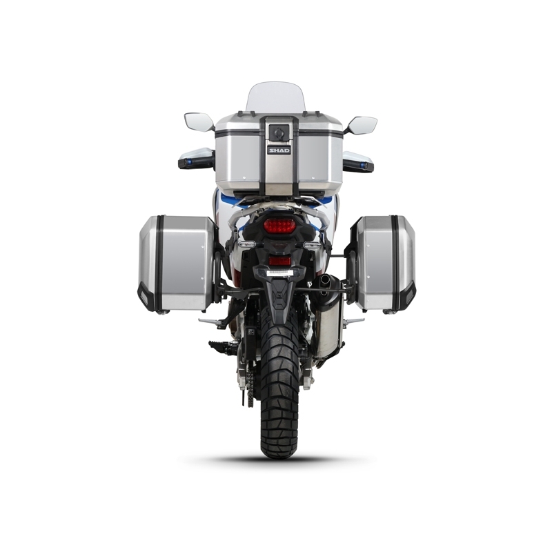 Complete set of black aluminum cases SHAD TERRA, 48L topcase + 36L / 47L side cases, including mounting kit and plate SHAD HONDA CRF 1100 Africa Twin