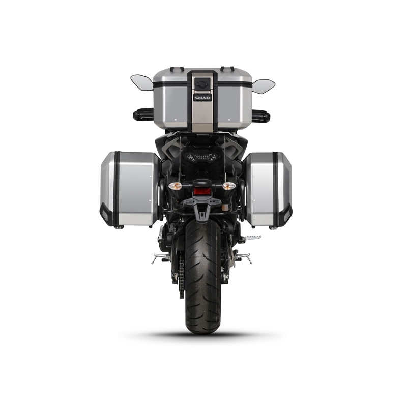 Complete set of black aluminum cases SHAD TERRA, 48L topcase + 36L / 47L side cases, including mounting kit and plate SHAD YAMAHA MT-09 Tracer / Tracer 900