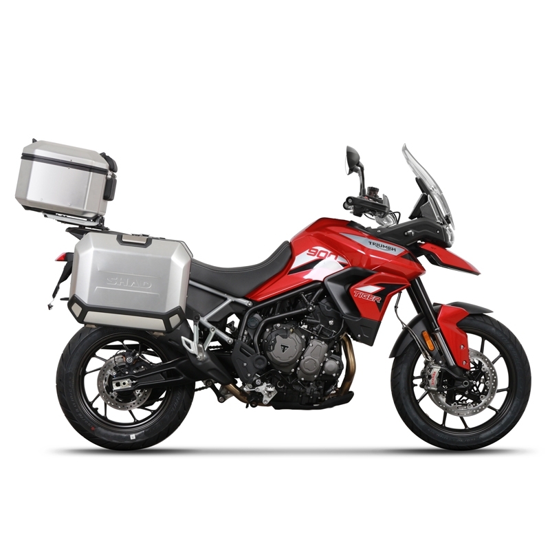 Complete set of black aluminum cases SHAD TERRA, 48L topcase + 36L / 47L side cases, including mounting kit and plate SHAD TRIUMPH Tiger 900