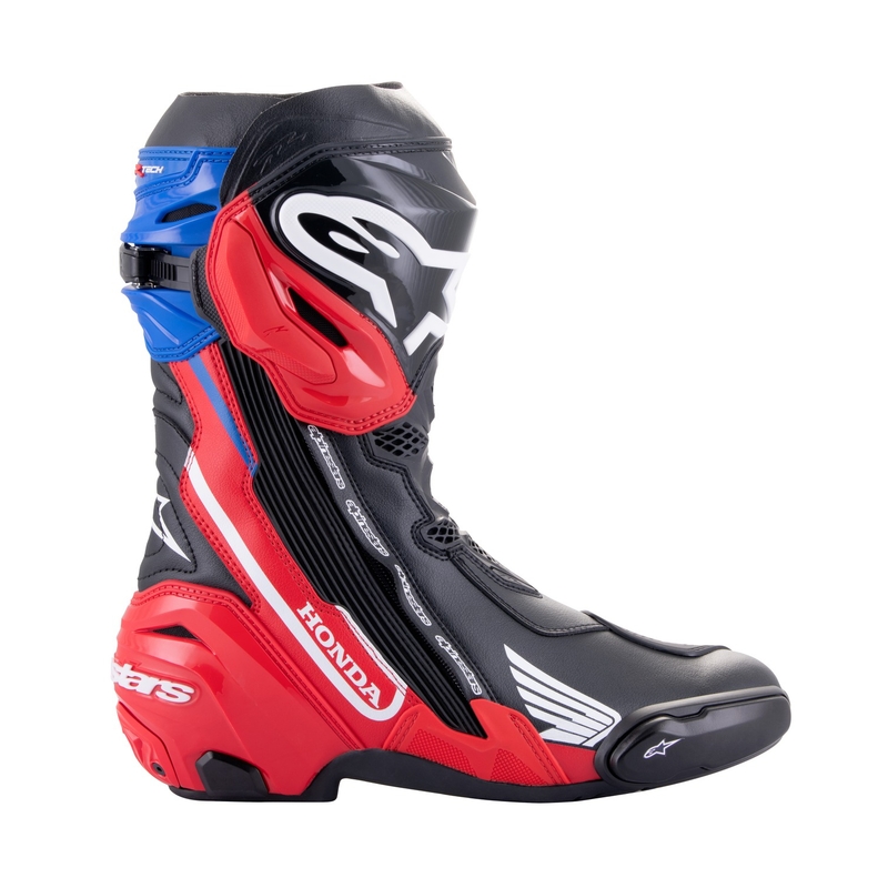 Motorradstiefel Alpinestars Supertech R Honda schwarz-rot-fluo-blau-weiß