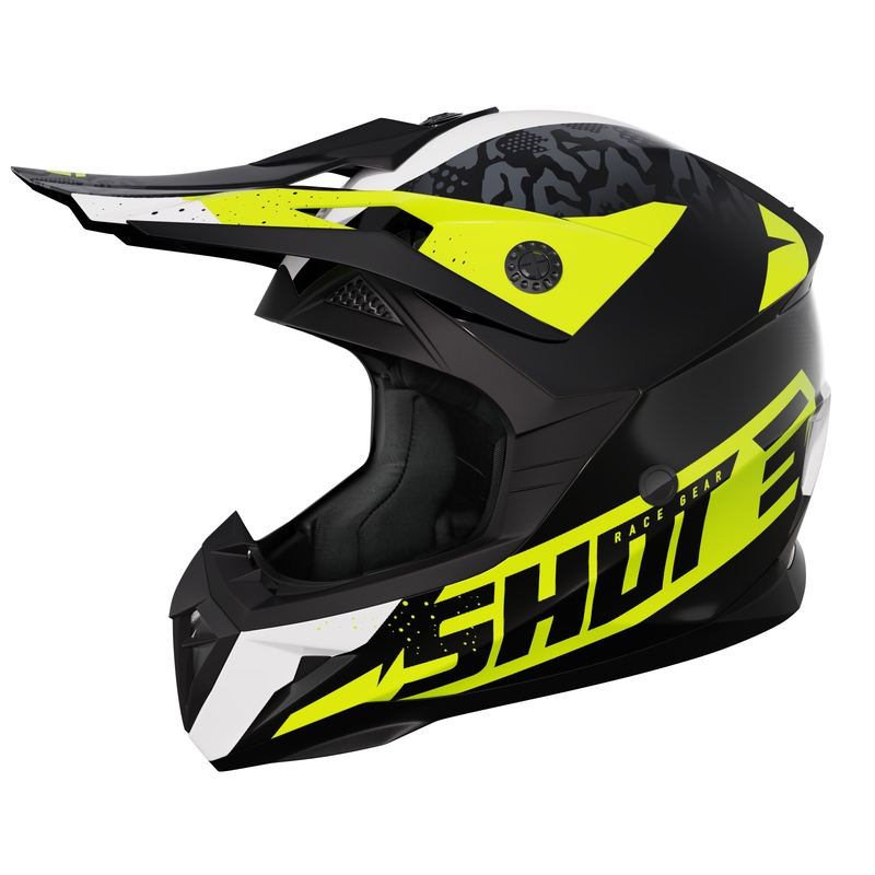 Kinder-Motocross-Helm Shot Pulse Airfit glänzend schwarz-weiß-fluo gelb Ausverkauf