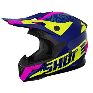 Kinder-Motocross-Helm Shot Pulse Airfit glänzend blau-fluo gelb-rosa Ausverkauf