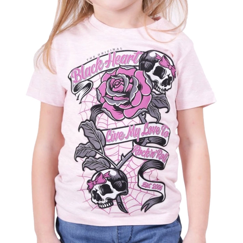 Kinder-T-Shirt Black Heart Ribbon Rose rosa