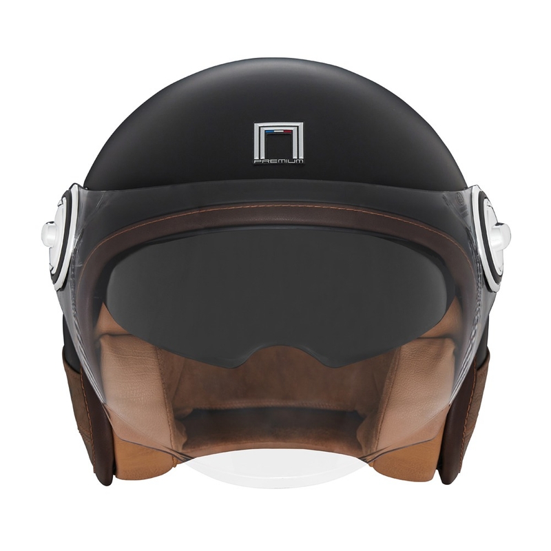 NOX PREMIUM Heritage offener Motorradhelm, mattschwarz mit braunem Leder