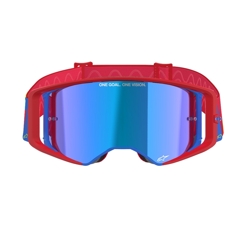 Alpinestars Supertech Corp rot-blaue Motocross-Brille mit verspiegelten silbernen Gläsern
