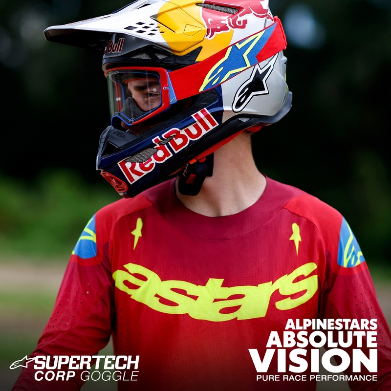 Alpinestars Supertech Corp rot-blaue Motocross-Brille mit verspiegelten silbernen Gläsern
