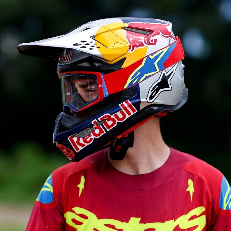Alpinestars Supertech Corp rot-blaue Motocross-Brille mit verspiegelten silbernen Gläsern