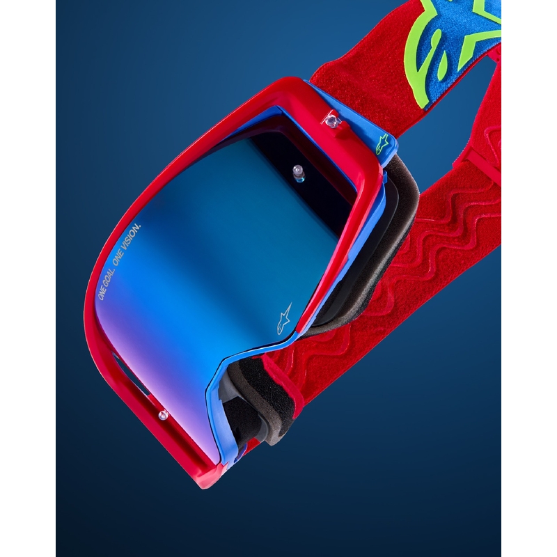Alpinestars Supertech Corp rot-blaue Motocross-Brille mit verspiegelten silbernen Gläsern