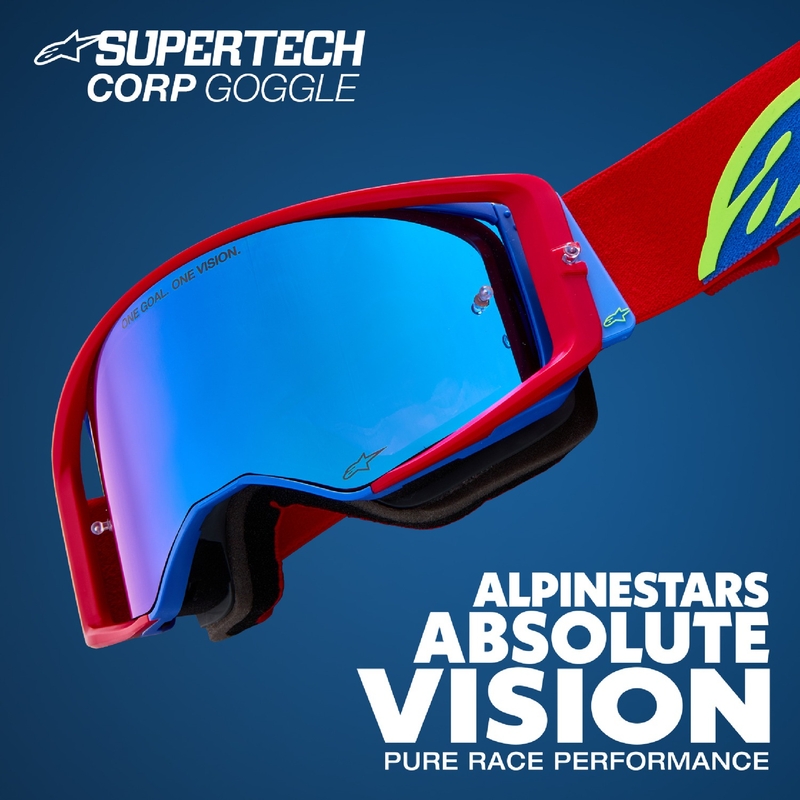 Alpinestars Supertech Corp rot-blaue Motocross-Brille mit verspiegelten silbernen Gläsern