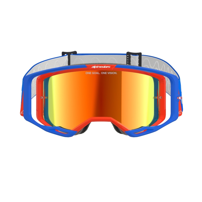 Motocross-Brille Alpinestars Vision 8 Wordmark blau-orange mit verspiegelten roten Gläsern