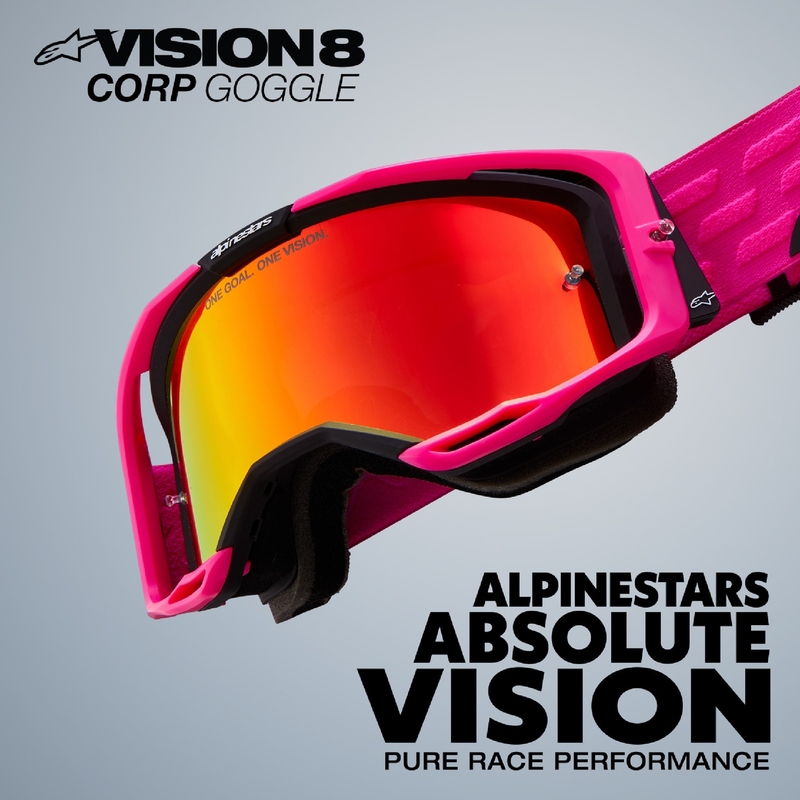 Motocross-Brille Alpinestars Vision 8 Wordmark blau-orange mit verspiegelten roten Gläsern