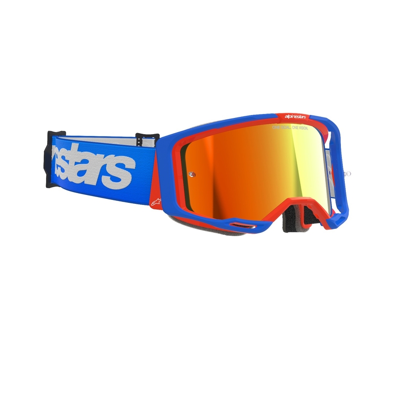 Motocross-Brille Alpinestars Vision 8 Wordmark blau-orange mit verspiegelten roten Gläsern