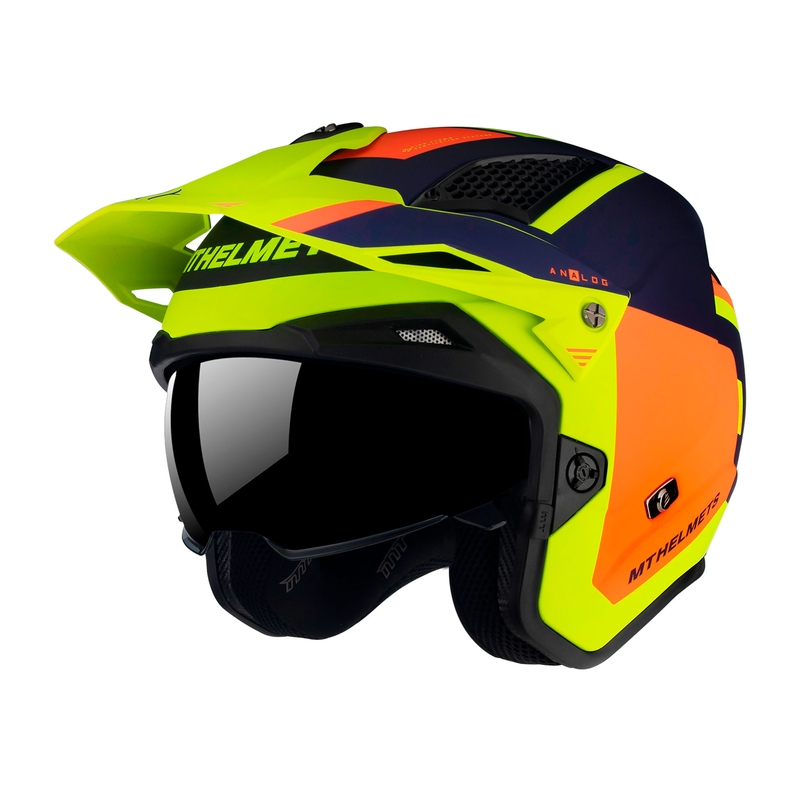 Offener Motorrad-Trialhelm MT District SV Analog D27 blau-orange-fluogelb - II. Qualität