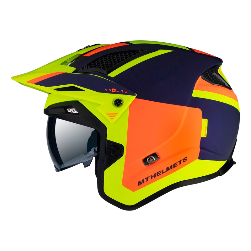 Offener Motorrad-Trialhelm MT District SV Analog D27 blau-orange-fluogelb - II. Qualität